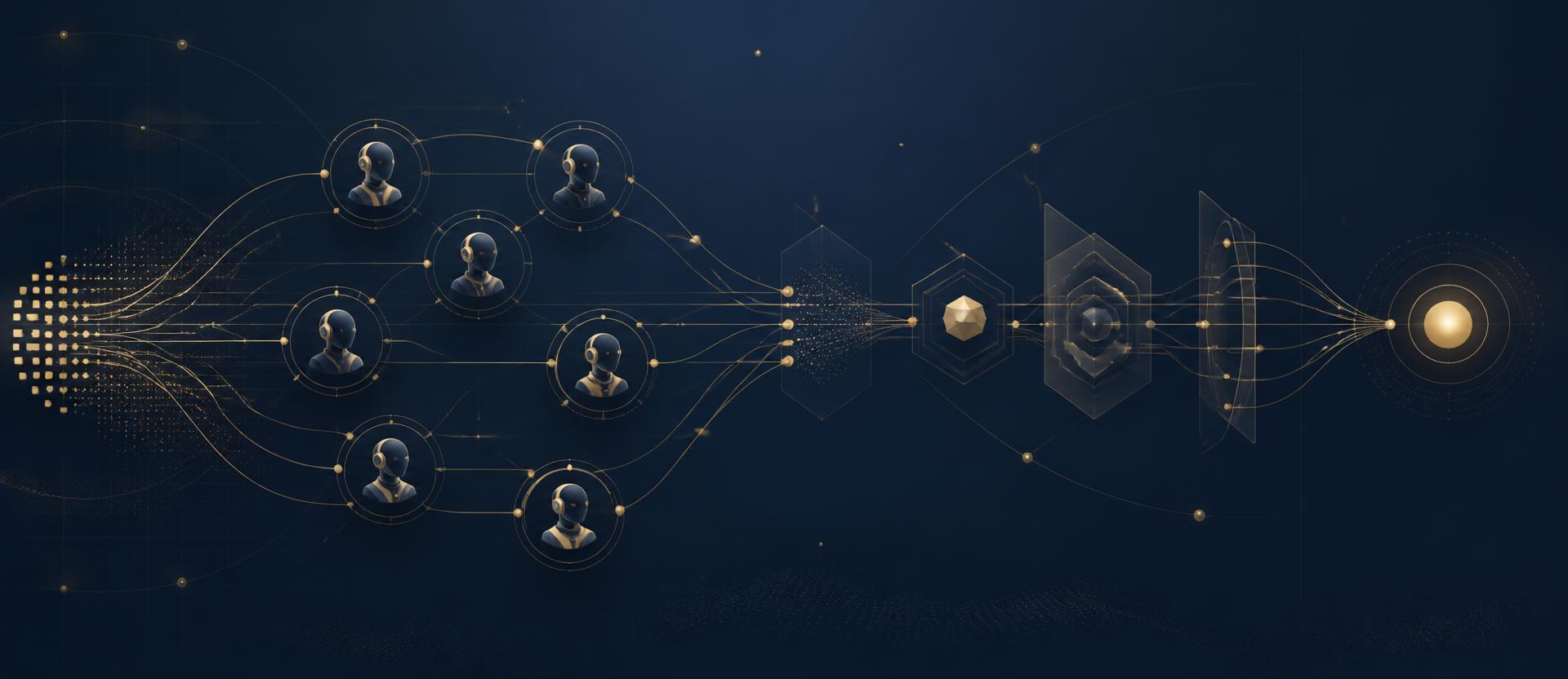Network of AI agents orchestrating stages of an enterprise business process, rendered in navy and gold